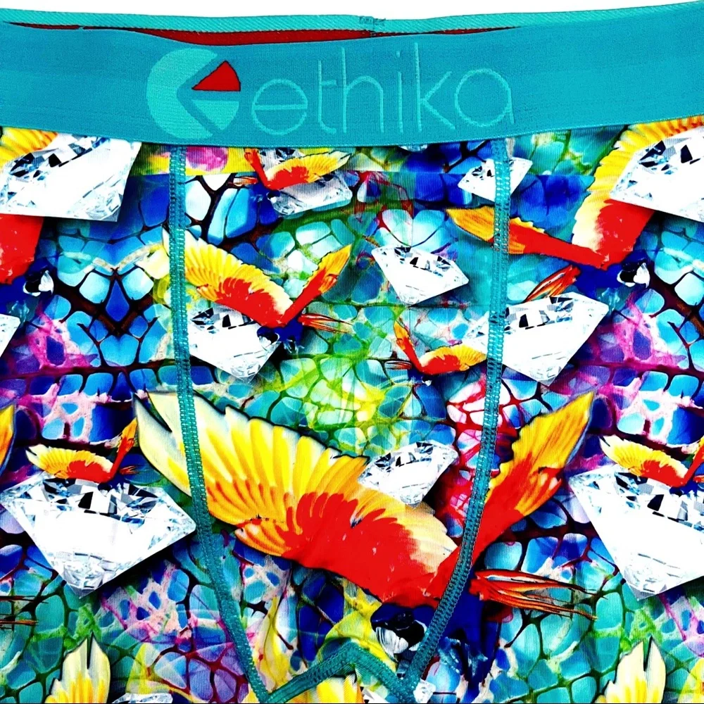 Ethika Boxer Briefs Mens Medium Underwear Tropical Parrot Diamonds Fun Gift